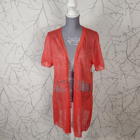 Red Coral Orange 100% Linen Floral Mesh Panel Open Cardigan - Picture 2 of 7